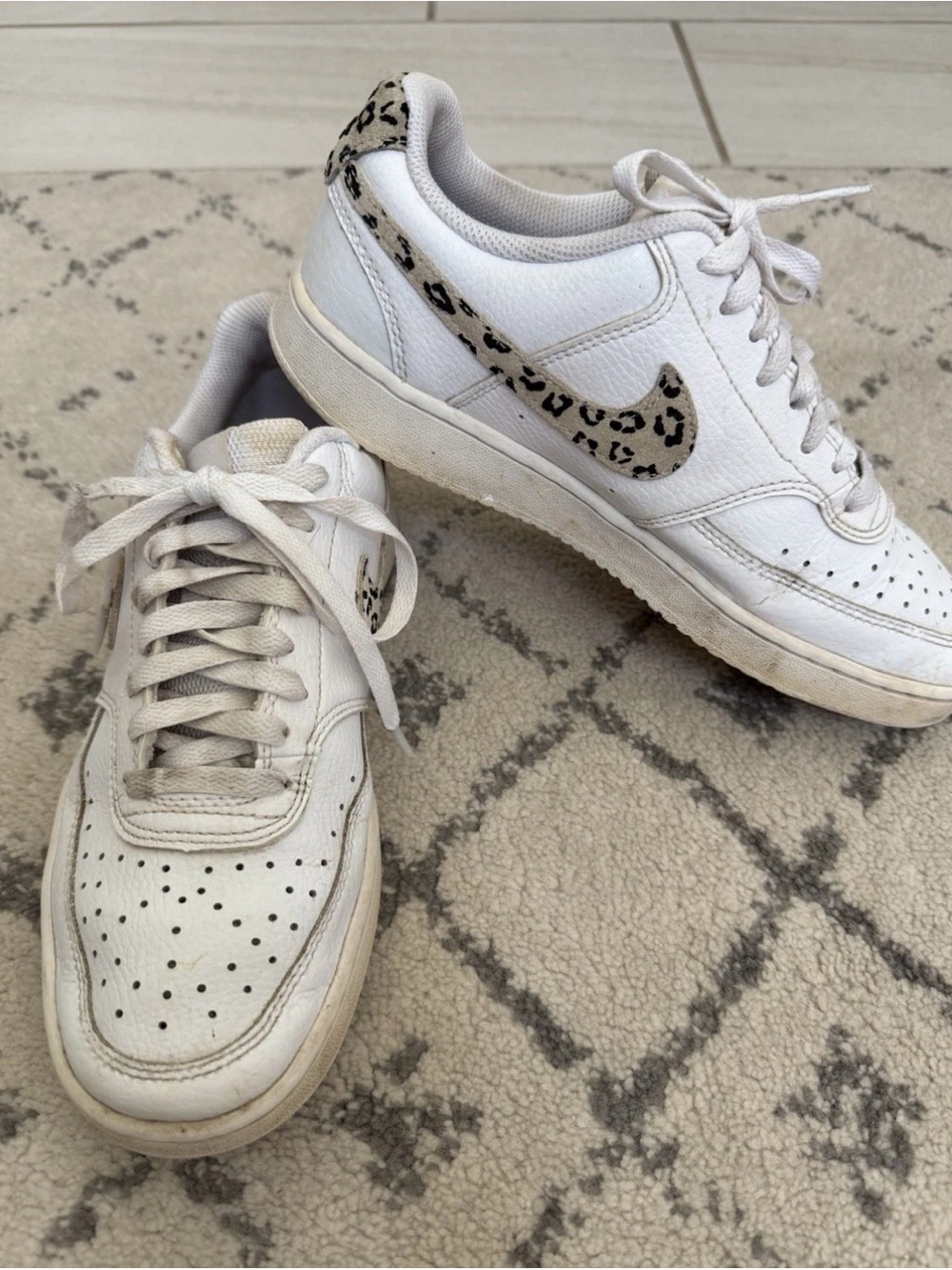Nike White Leather Sneakers with Leopard Print Swoosh
